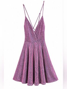 Lovely Day Women’s Medium Purple Glitter Strappy V-Neck Party Dress